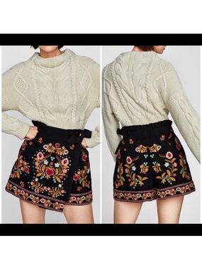 Embroidered Black Wrap Mini Skort with Floral Motif